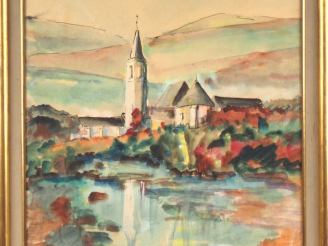 Vente aux enchères Fernand ROUX. "Eglise dans la campagne". Aquarelle, signée en bas à dr