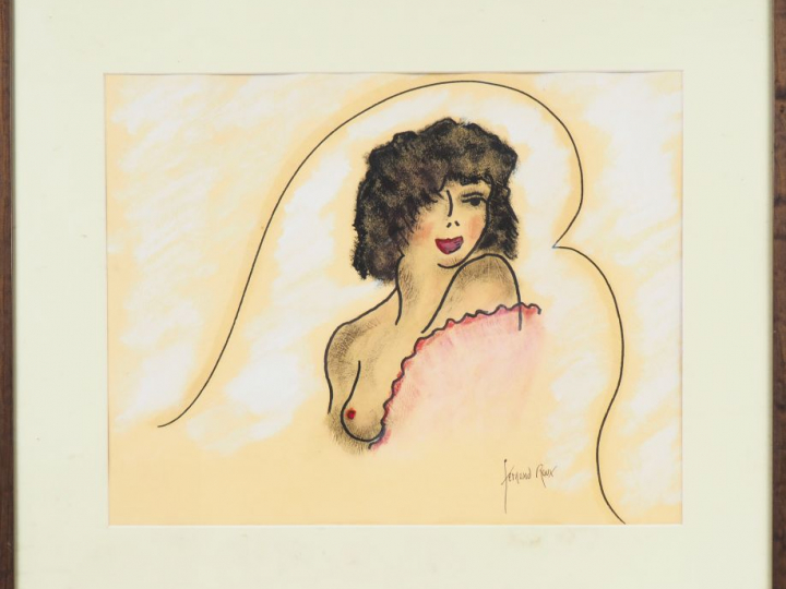 Fernand ROUX. "Portrait d'élégante". Technique mixte signée en bas à d