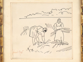 Vente aux enchères Fernand ROUX. "Paysannes aux champs". Dessin signé en bas à gauche. Di