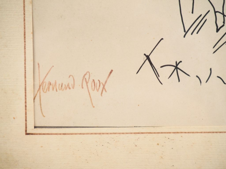 Fernand ROUX. "Paysannes aux champs". Dessin signé en bas à gauche. Di