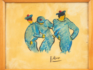 Vente aux enchères Fernand ROUX. "Les trois matelots". Dessin, signé en bas à droite. Dim