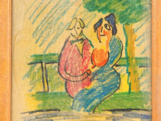 Vente aux enchères Fernand ROUX. "Couple sur un banc". Dessin, signé en bas à droite. Dim