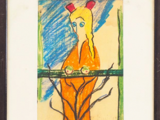 Vente aux enchères Fernand ROUX. "Jeune femme sur un balcon". Dessin, signé en bas à droi