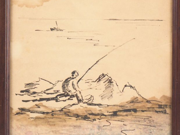 Fernand ROUX. "Pêcheur en bord de mer". Dessin, signé en bas à droite.