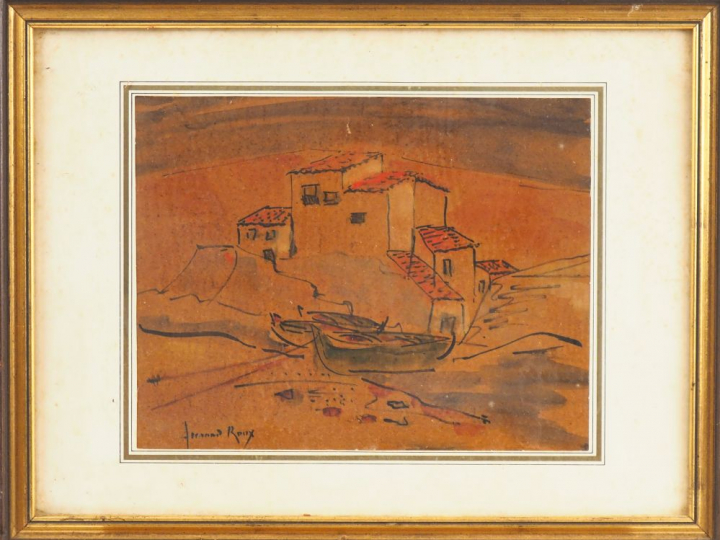 Fernand ROUX. "Vue de village". Aquarelle, signée en bas à droite. Dim