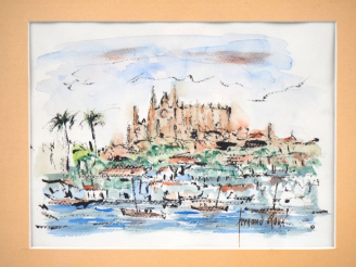 Vente aux enchères Fernand ROUX. "Vue de la cathédrale de Palma". Aquarelle, signée en ba