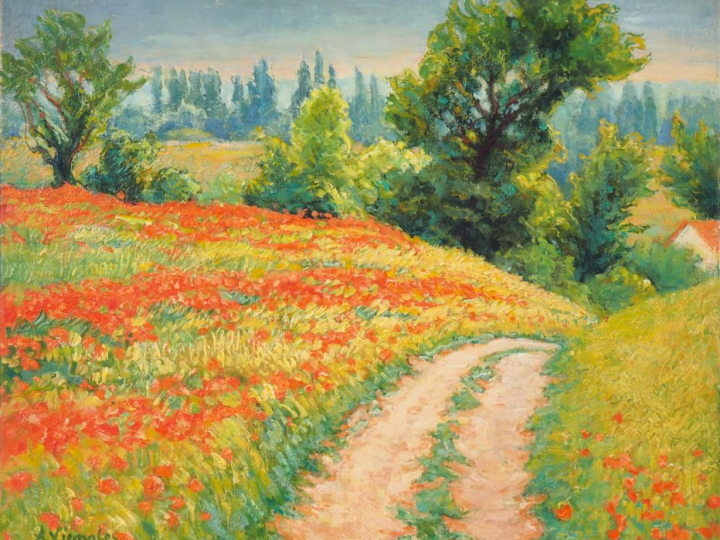 André VIGNOLES. "Champs de coquelicots à Chérisy". Huile sur toile, si
