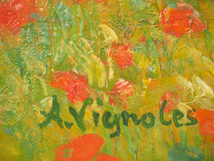 André VIGNOLES. "Champs de coquelicots à Chérisy". Huile sur toile, si
