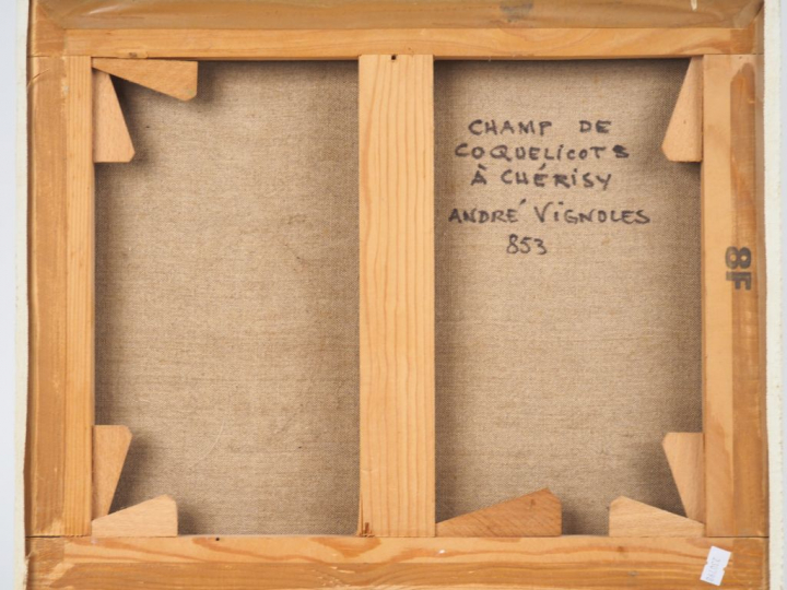 André VIGNOLES. "Champs de coquelicots à Chérisy". Huile sur toile, si