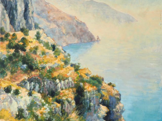 Vente aux enchères André VIGNOLES. "Brume d'été sur la côte amalfitaine". Huile sur toile