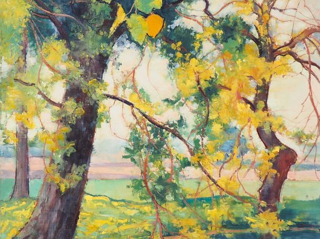 André VIGNOLES. "Trois arbres près de l'étang". Huile sur toile, signé