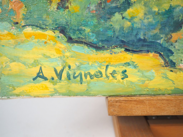 André VIGNOLES. "Trois arbres près de l'étang". Huile sur toile, signé