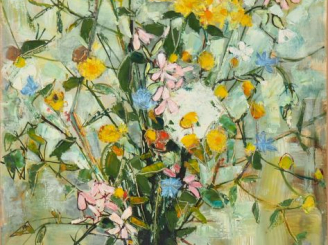 Vente aux enchères André VIGNOLES. "Fleurs claires". Huile sur toile, signée en bas à dro