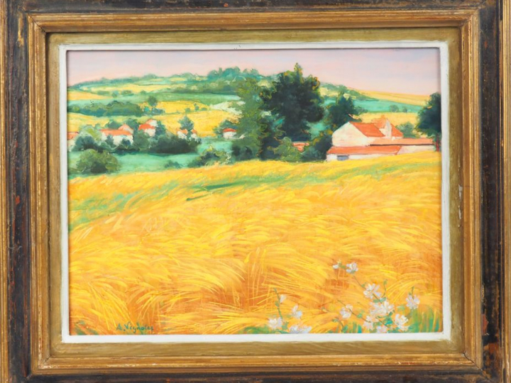 André VIGNOLES. "Champs de blé". Huile sur toile, signée en bas à gauc