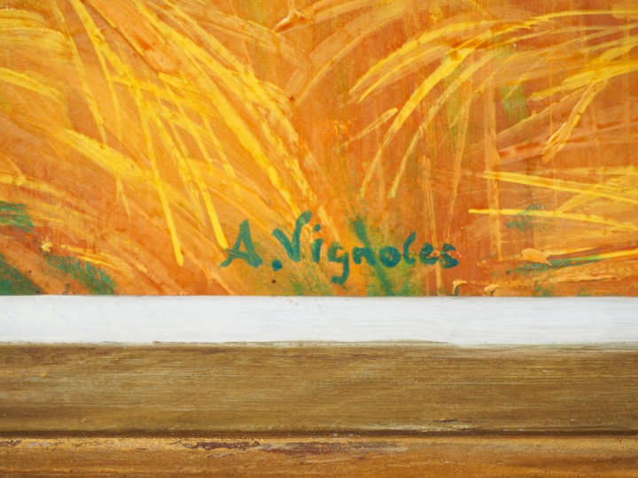 André VIGNOLES. "Champs de blé". Huile sur toile, signée en bas à gauc
