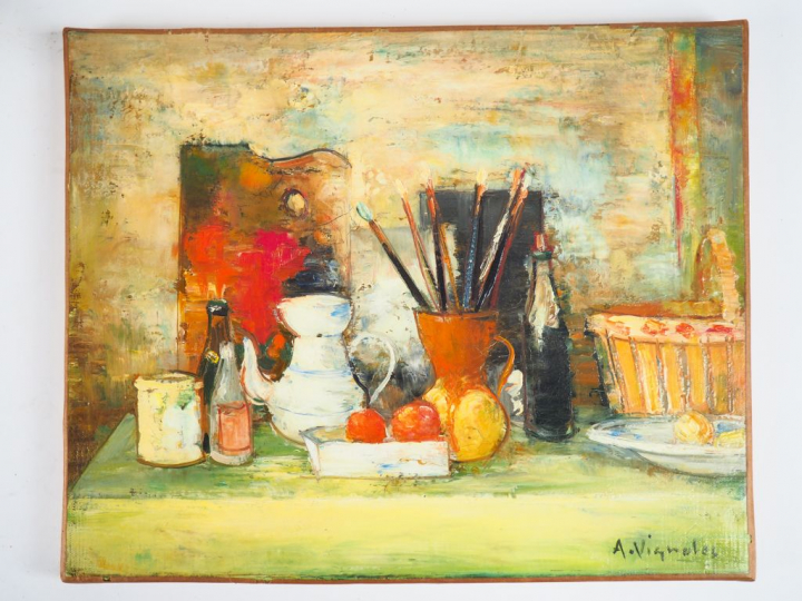 André VIGNOLES. "Nature morte". Huile sur toile, signée en bas à droit