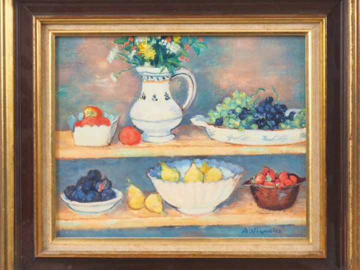 André VIGNOLES. "Fruits variés sur une étagère". Huile sur toile, sign