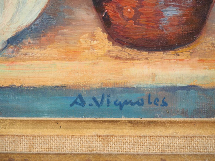André VIGNOLES. "Fruits variés sur une étagère". Huile sur toile, sign