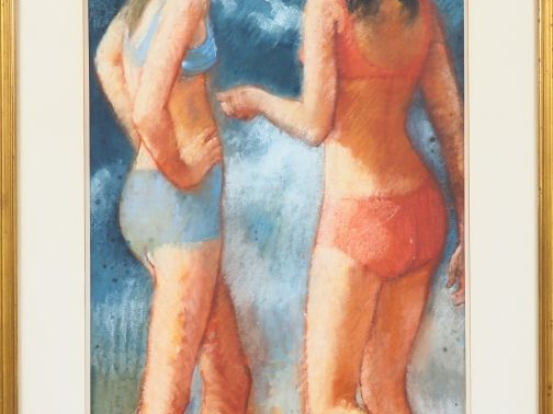 André VIGNOLES. "Demoiselles à la plage". Pastel, signé en bas à gauch