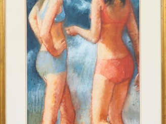 Vente aux enchères André VIGNOLES. "Demoiselles à la plage". Pastel, signé en bas à gauch