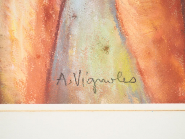 André VIGNOLES. "Demoiselles à la plage". Pastel, signé en bas à gauch