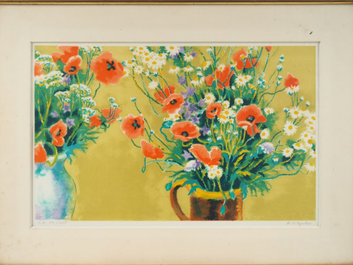 André VIGNOLES. "Bouquet de coquelicots" et "paysage". Deux lithograph