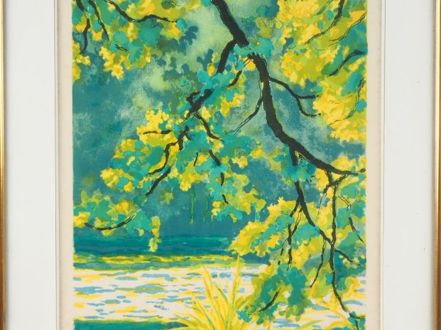 André VIGNOLES. "Bouquet de coquelicots" et "paysage". Deux lithograph