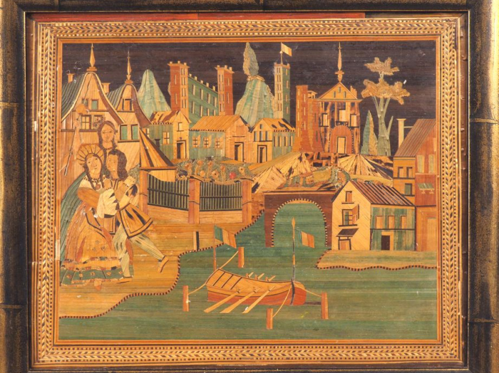 Tableau XIXème en marqueterie de paille à décor de personnages dansant