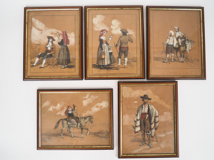 M.L CAILLAT. "Personnages de la vallée d'Ossau". 5 dessins signés. Dim