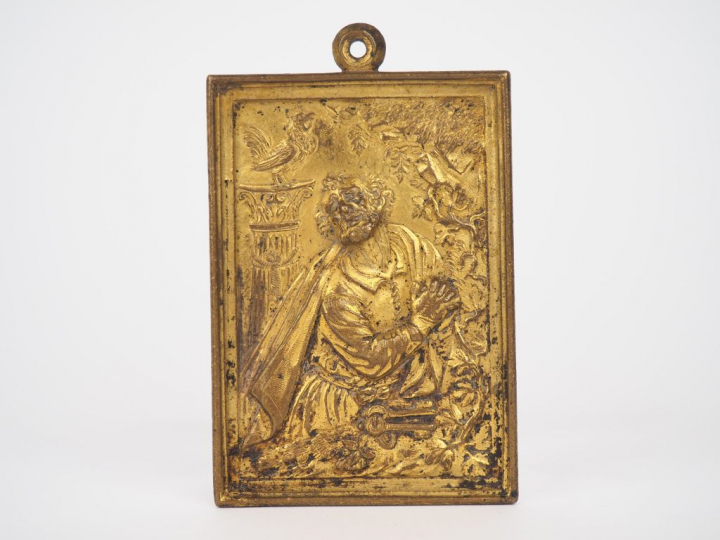 Plaque en bronze XVIIIème le reniement de Saint Pierre. Dim. 10,5 x 7 