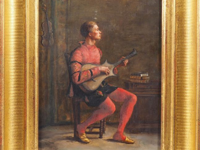 Ecole française XXème. "Musicien". Huile sur panneau, signée en bas à 