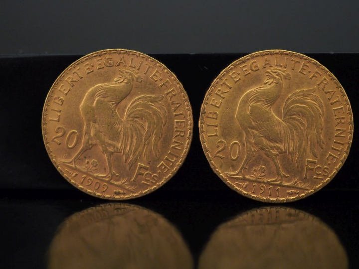 Deux pièces de 20 Francs or, 1909 et 1911.   