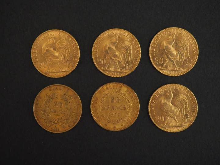 Six pièces de 20 Francs or, 1851-A, 1977-A et 1912 (x4).   