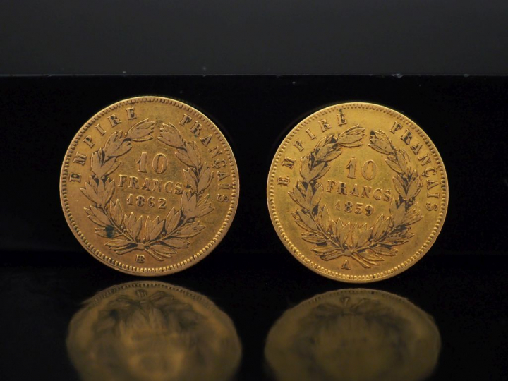Deux pièces de 10 Francs or, 1859-A et 1862-BB.   