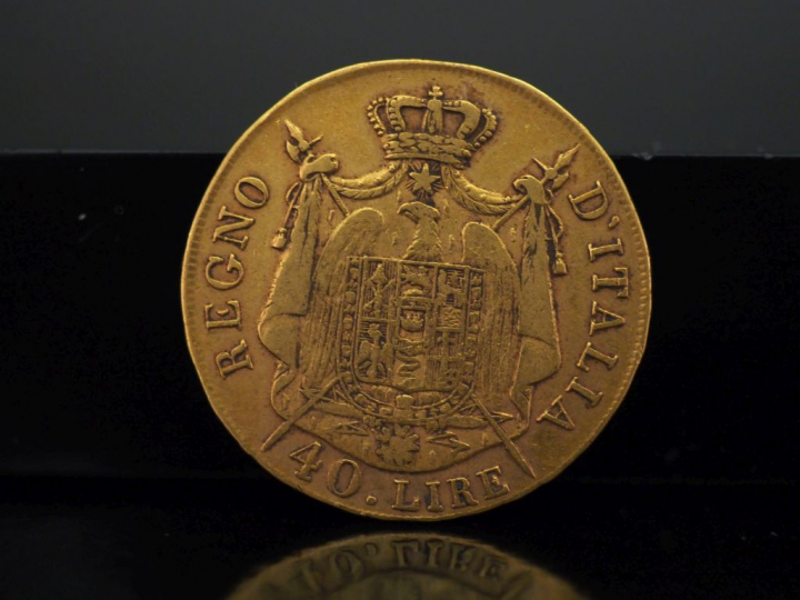 Pièce de 40 Lire or, Napoléon empereur, 1808-M. Poids. 12,77 g   