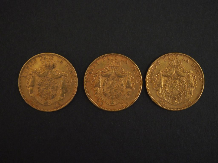 Trois pièces 20 Francs belge or, 1867, 1877 et 1878.   