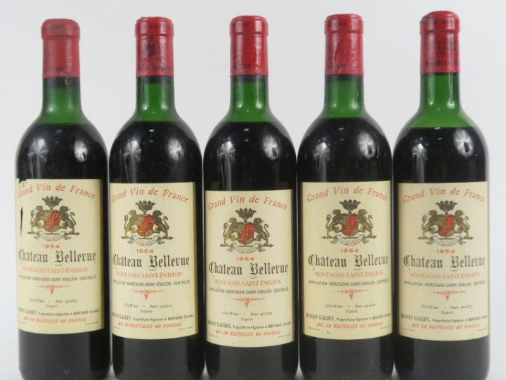 5 BOUTEILLES CHÂTEAU BELLEVUE MONTAGNE ST EMILION - 1964 - 2 LB/2 HEP/