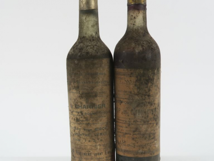 2 VIEILLES BOUTEILLES SIROP (GRENADINE - MENTHE VERTE) - BS/1 CAPS AB