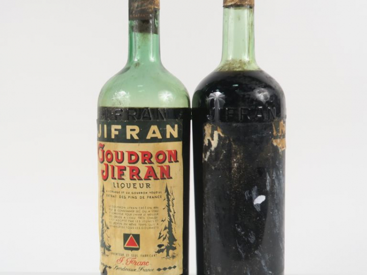 2 VIEILLES BOUTEILLES (1 L) GOUDRON JIFFRAN - 1 SE/1 NIVEAU BAS