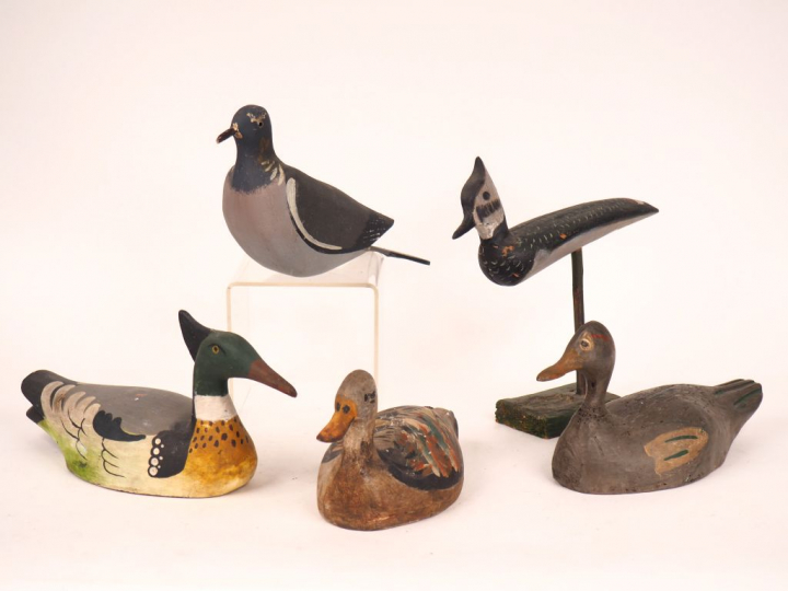 Lot de 5 appeaux en bois et liège en forme de canard et de palombe