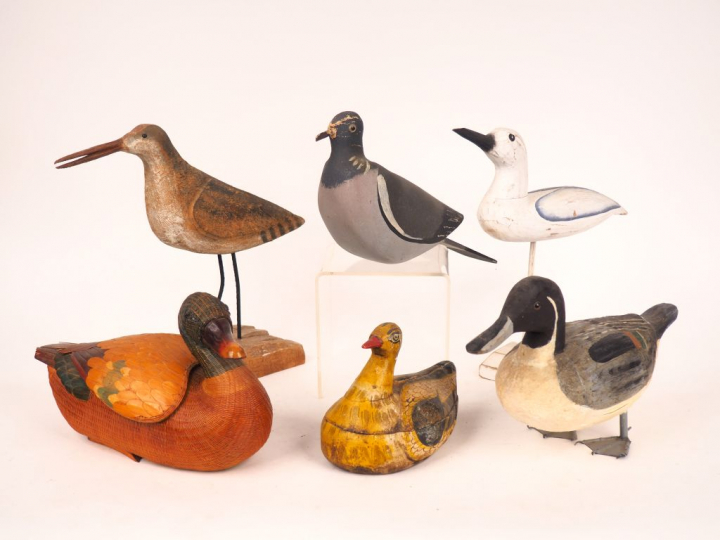 Lot de 6 appeaux en bois et liège en forme de canard et de palombe
