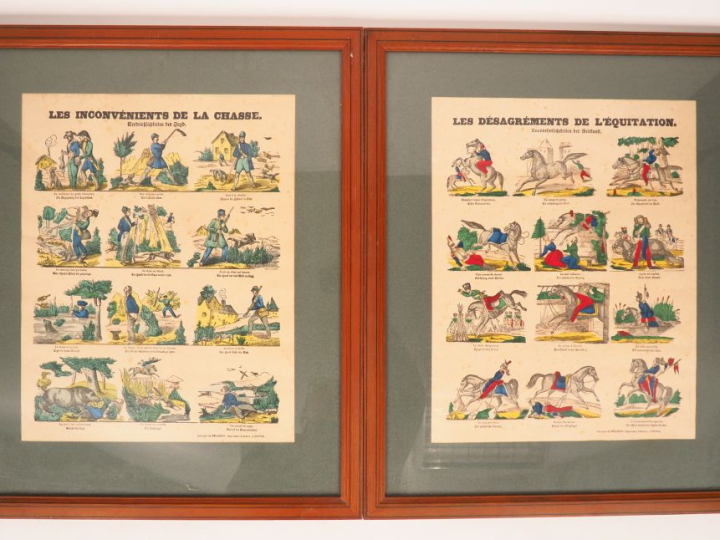 3 gravures sur la chasse et l'équitation, chiens de chasse à courre