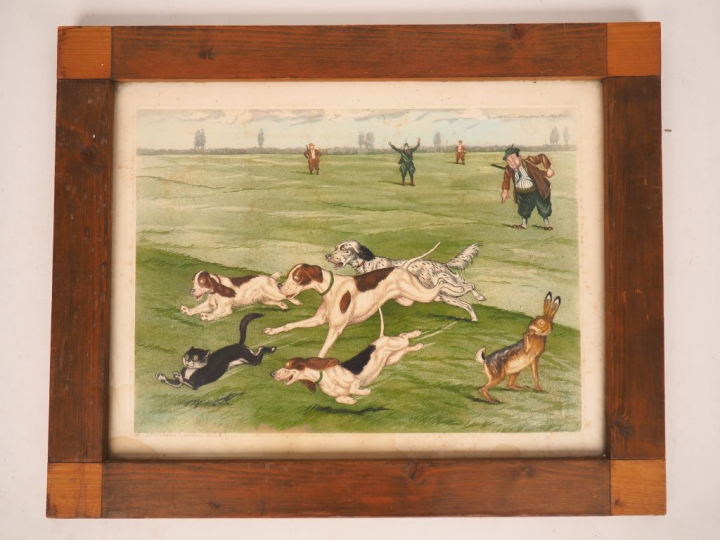 3 gravures sur la chasse et l'équitation, chiens de chasse à courre