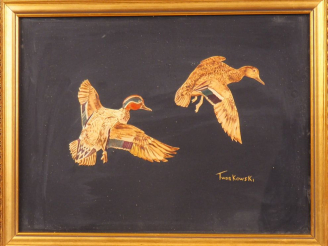 Vente aux enchères TWORKOWSKI. Lot de 2 tableaux figurant des canards  on y joint un enca