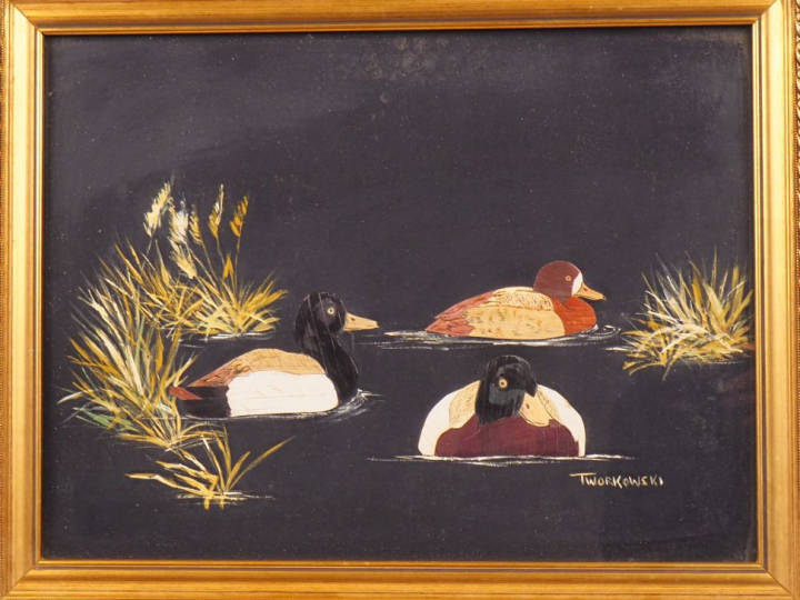 TWORKOWSKI. Lot de 2 tableaux figurant des canards  on y joint un enca