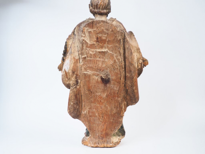 Ecole espagnole XVIIème.  "Apôtre" Sculpture en bois polychrome H. 74 