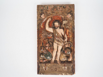 Vente aux enchères Porte de tabernacle XVIIIème en bois polychrome "Saint Jean Baptiste e