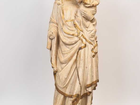 VIREBENT.  "Vierge couronnée à l'enfant". Grande sculpture en terre cu