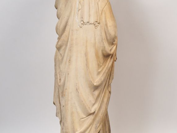 VIREBENT.  "Vierge couronnée à l'enfant". Grande sculpture en terre cu