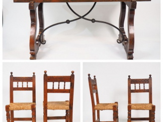 Vente aux enchères Table espagnole en noyer, piétement relié par une entretoise en fer fo